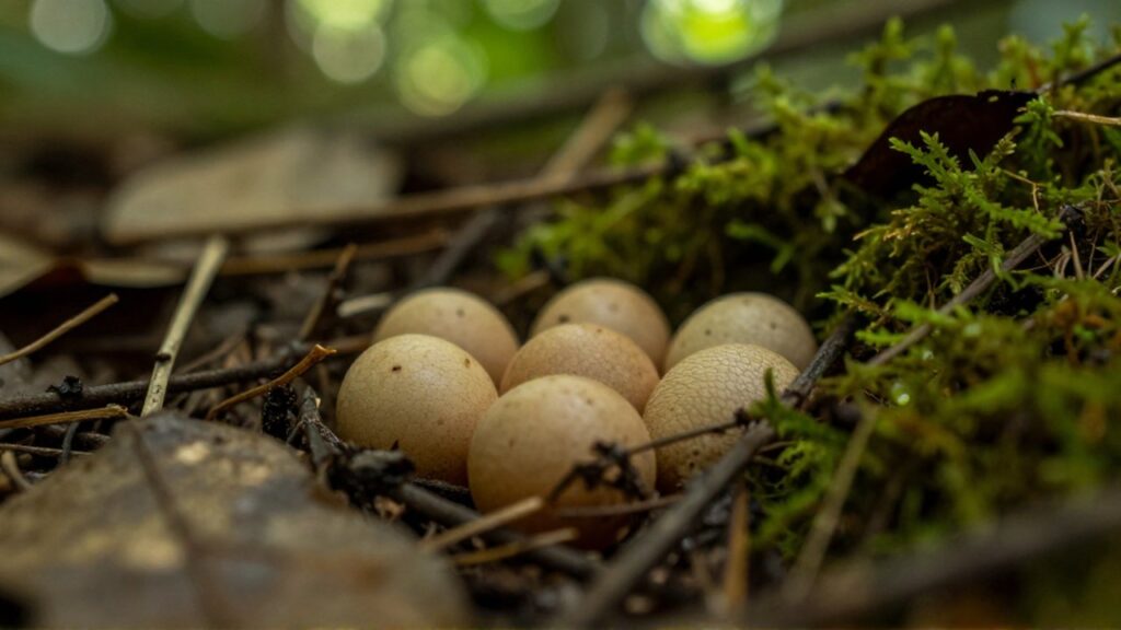 Huevos de reptil con textura correosa entre musgo y restos orgánicos en el suelo del bosque.