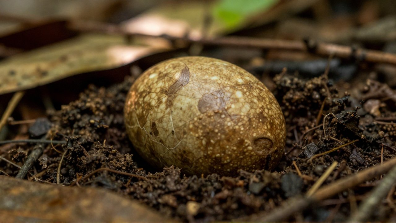Un huevo reptiliano de textura correosa se encuentra entre hojas secas y tierra en un bosque.