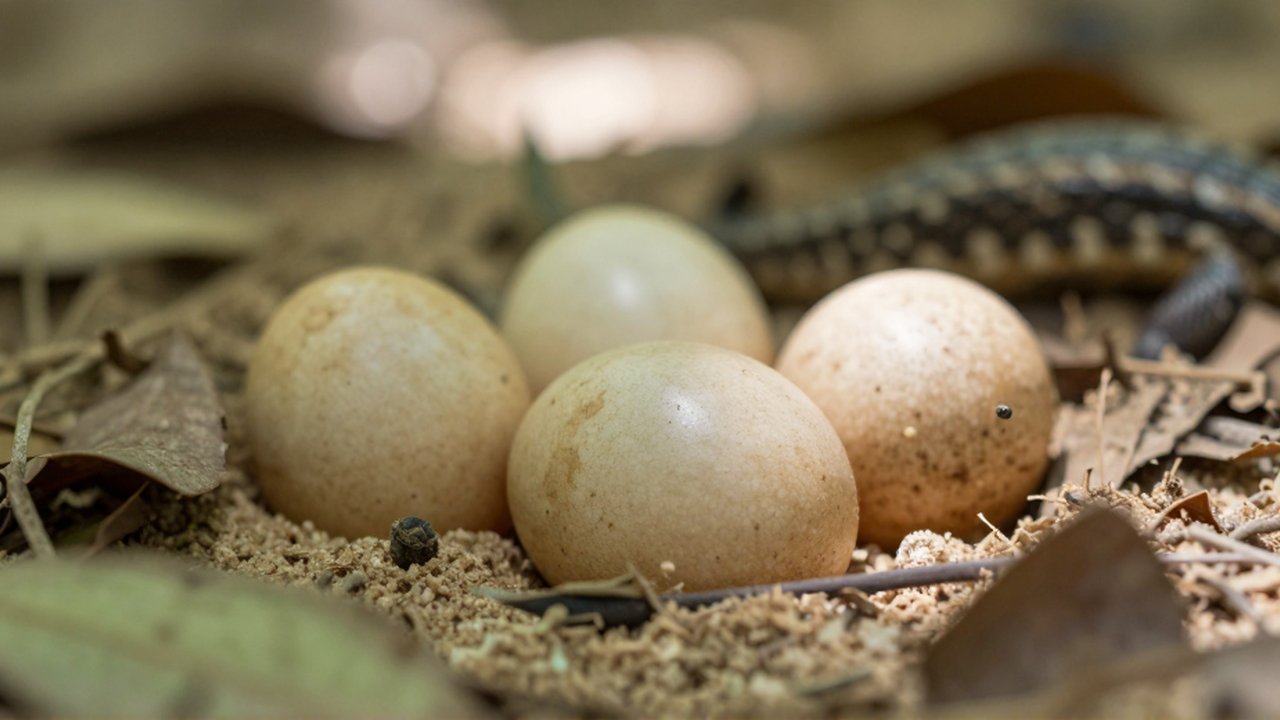 Varios huevos de reptil con textura de cuero descansan entre arena y hojas secas.